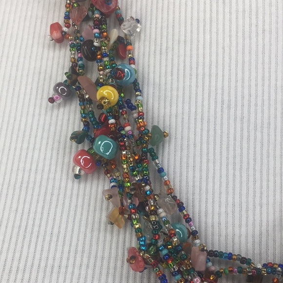 Artisanal Multi-layer seed bead glass stone chip necklace 7 strands multi-color - Picture 2 of 9